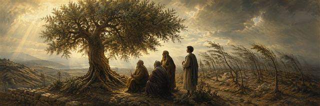 A deeply rooted olive tree bears fruit beside a crowded grove of shallow saplings bending and withering in wind